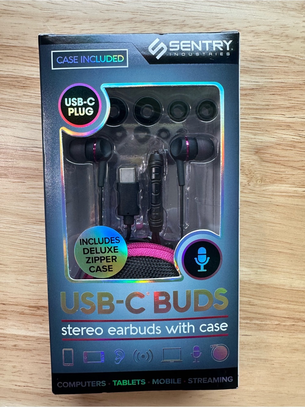 USB-C buds Stereo Earbuds in Black with Pink Accents with pink case sentry